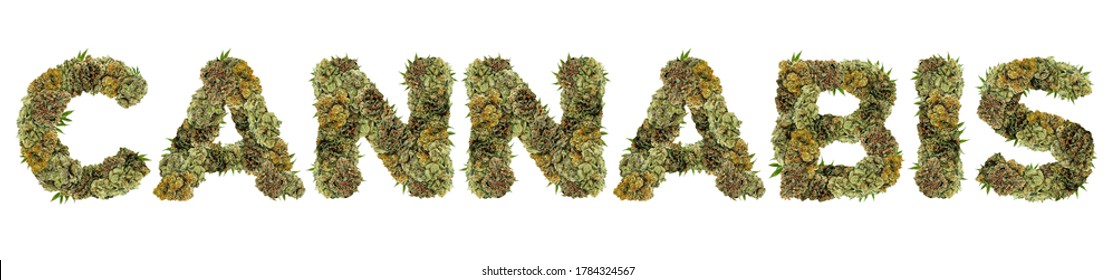 Marijuana Writing. Cannabis Letters. Word Written With Weed Buds.