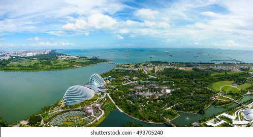 Marina Bay Sands Hotel View To The Gardens And Sea Daytime Panorama