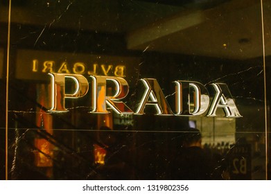 Marina Bay, Singapore - February 15, 2019 - The Facade Of Prada Fashion Retail At Marina Bay Sands. Close Up On A Part Of The Facade Details And The Logo.