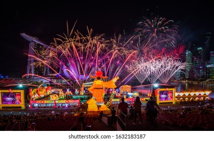 Marina Bay, Singapore January 30/2020 Fireworks Performance On The Float At Marina Bay. River Hong Bao Is Largest Chinese New Year Carnival In Singapore