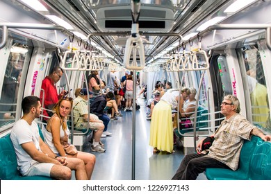 MARINA BAY, SINGAPORE - NOV 3, 2018: Interior Of Singapore MRT Circle Line C830 Trains With Moderate Number Of Passengers