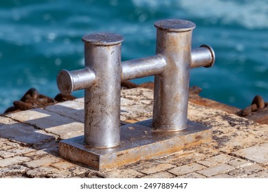 Marina bollard (bitt) at jetty for boats, ships and yachts mooring. Old rusty bollard stainless steel. - Powered by Shutterstock