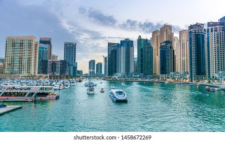 Marina, Dubai/ United Arab Emirates, 4/5/2019, Dubai RTA Boat ferry Service through Marina lake and buildings best Place to enjoy Weekends