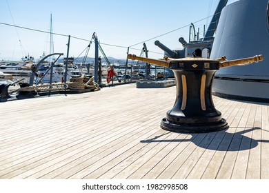 Marina Flisvos, Athens - May 23, 2021: Deck Of The Greek Navy George (or Georgios) Averoff Historic Heavy Cruiser Warship With A Wooden Winch.