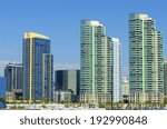 The Marina neighborhood in Downtown San Diego in southern California in the United States of America. Some of the local architecture, commercial buildings and blocks of flats in the centre city.