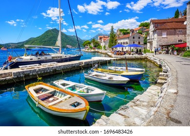 Marina of Perast town, Bay of Kotor, mediterranean Adriatic sea, Montenegro