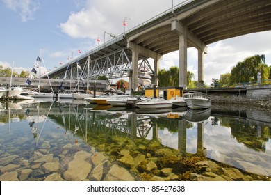 Marina Under The Granville Island Street Bridge In Vancouver BC Canada