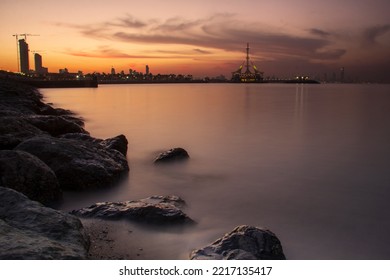 Marina Waves Seaside with rock formation and long exposure Salmiya Kuwait Sunset Sunrise  - Shutterstock ID 2217135417