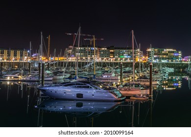 Marina with yachts in the evening lights, Saint Helier, bailiwick of Jersey, Channel Islands