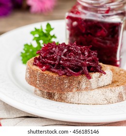 Marinated Beetroot Relish Preserves on Rye Toast, close up, square