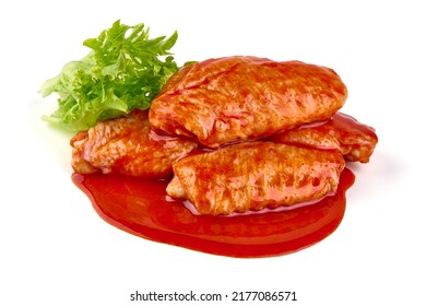 Marinated Buffalo Chicken Wings In Red Sauce With Lettuce Salad Leaf, Isolated On White Background