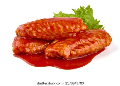 Marinated Buffalo Chicken Wings In Red Sauce With Lettuce Salad Leaf, Isolated On White Background