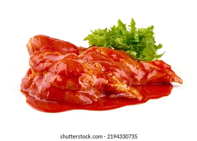 Marinated Buffalo Chicken Wings In Red Sauce With Lettuce Salad Leaf, Isolated On White Background