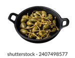 Marinated canned capers in a pan. Isolated on white background, top view