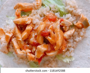 Marinated Chicken, Lettuce And Steamed White Rice Healthy Wrap Burrito