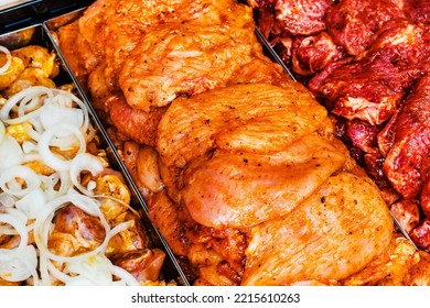 Marinated Chicken Meat On The Counter In The Store. Close-up