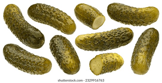 Marinated cucumbers, pickled gherkins isolated on white background