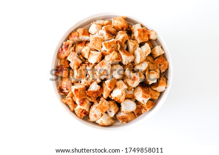 Marinated Diced Chicken in a Bowl, Overhead