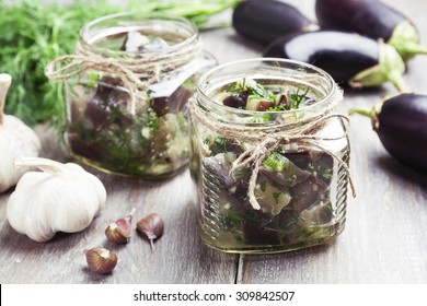 Marinated Eggplant In Jars On The Table
