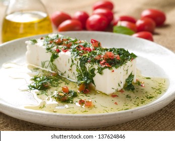 Marinated Goat Cheese With Olive Oil And Parsley, Selective Focus