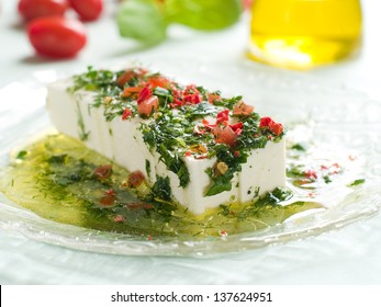 Marinated Goat Cheese With Olive Oil And Parsley, Selective Focus