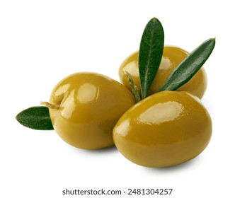 Marinated green olives with green leaves isolated on white background. clipping path