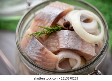 Marinated Herring In A Jar Closeup.