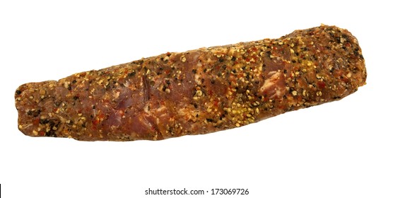 Marinated Lean Peppercorn Pork Tenderloin On A White Background