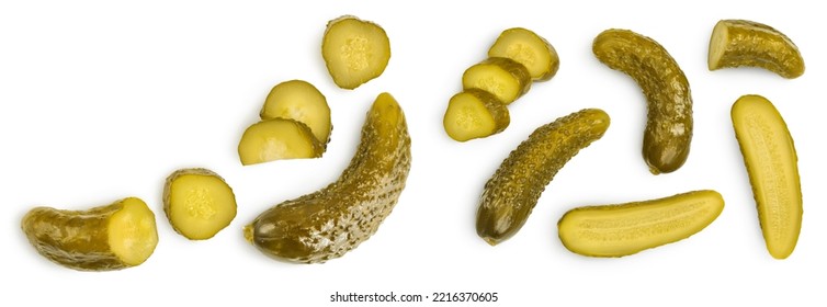 Marinated pickled cucumber isolated on white background and full depth of field. Top view with copy space for your text . Flat lay