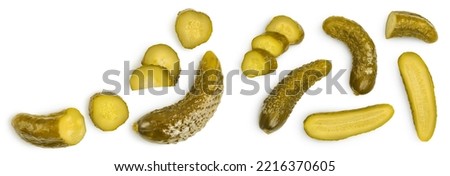 Marinated pickled cucumber isolated on white background and full depth of field. Top view with copy space for your text . Flat lay Foto stock © 