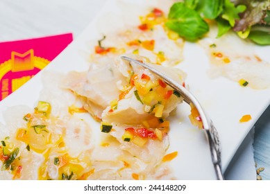 Marinated Seabass Filet With Ratatouille Dressing, Close Up