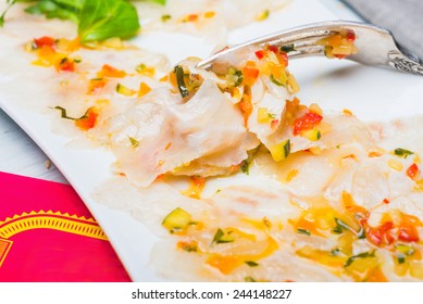 Marinated Seabass Filet With Ratatouille Dressing, Close Up