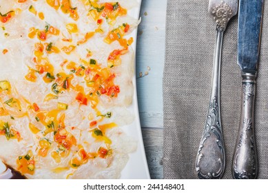 Marinated Seabass Filet With Ratatouille Dressing, Close Up