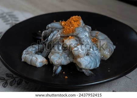 Marinated Shrimp With Red Chili Powder, Spicy Food, selective focus, asian spicy food, chili peper