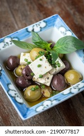 Marinated Spanish Olives And Feta Cheese Tapas In Rustic Barcelona Restaurant