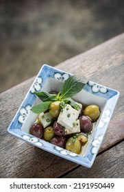 Marinated Spanish Olives And Feta Cheese Tapas In Rustic Barcelona Restaurant