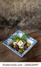 Marinated Spanish Olives And Feta Cheese Tapas In Rustic Barcelona Restaurant