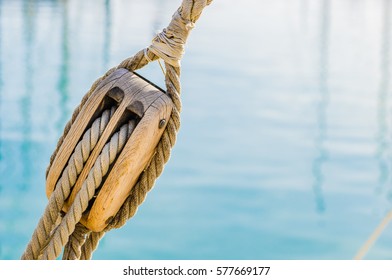 Marine Background, Sailing Boat Pulley With Nautical Rope.