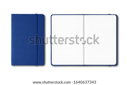 Marine blue closed and open notebooks mockup isolated on white