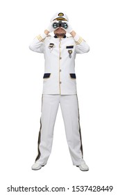 A marine captain wearing a white suit on a full length photo looking through binoculars directly at the audience, isolated on a white background.