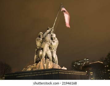 The Marine Corps War Memorial Shows The Raising Of The Flag At Iwo Jima In World War II  Washington DC.  Based On Picture By Joe Rosenthal.  Statue Finished In 1954