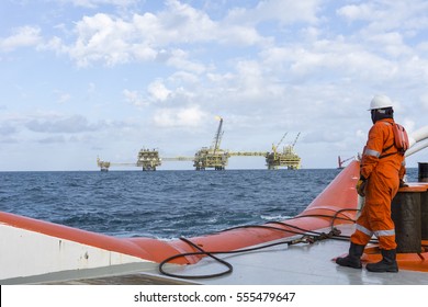 Marine crew complete wearing Personal Protective Equipment (PPE) standing near to shark jaws at stern vessel while looking through to the oil and gas platform in the middle of the sea.