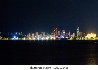 Marine Drive In Mumbai, Maharashtra, India. Night Photography In The Lime Light Of A Metropolitan City Of Mumbai. Marine Drive In Night Lights Of Mumbai. Night Life Of A City That Never Sleeps. -Image