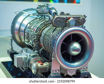 Marine dual-fuel gas turbine engine. Engineering equipment. Turbine close up. Heavy industry concept. Motor ship parts. Ship power plants. Shipbuilding equipment. Ship engine is stern plan.