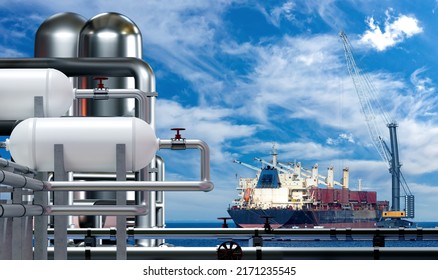 Marine Gas Terminal. Equipment For Pumping Natural Gas Onto Ship. Steel Pipe Tanks With Liquefied Propane. LPG Sea Port. Gas Offshore Export. Ship Under Blue Sky. Terminal For Propane Transportation. 