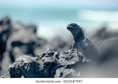 Marine iguana basking on rocky coastline of the Galapagos Islands during sunny daytime - Powered by Shutterstock