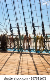 Marine Rope Ladder At Pirate Ship. Sea Hemp Ropes On The Old Nautical Vessel. Ladder Upstairs On The Mast.