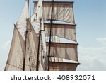 Marine sails and rigging details of traditional three masted barquentine yacht, square rigged on the foremast
