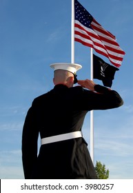 Marine Saluting With American And POW Flag