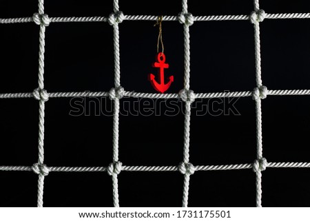 Marine seamless background with red anchor, intersecting lines and ornament of knots.